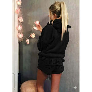 Conjunto de dos piezas de blusa de felpa con capucha y pantalones cortos de manga larga para mujer, 30289 - Negro - Product Image 3