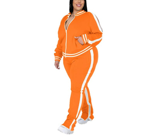 Conjunto de dos piezas con logotipo personalizado de talla grande para mujer, chándal con cremallera a rayas, pantalones de chándal con abertura superior, conjunto de Jogger con logotipo personalizado, conjunto de dos piezas para mujer - Product Image 1