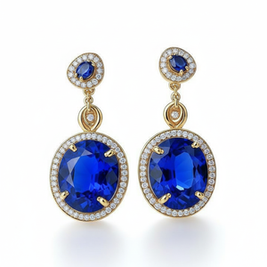 Boucles d'oreilles en pierres précieuses bleues Hydro et CZ |   Rond et ovale de 7 mm |   Argent sterling 925 plaqué or 18 carats |   4,5 pouces, 12 GM Vêtements de mariage - Product Image 4
