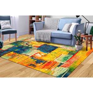 Tapis d'art abstrait : décor moderne jaune, vert et bleu, avec tapis à poils doux - Product Image 2