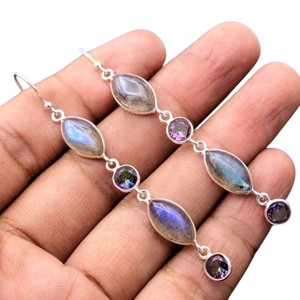 Boucles d'oreilles pendantes tendance en argent sterling avec pierre de labradorite, sertie en bélière, pour femmes - Cadeau de fête d'anniversaire, bijoux rhodiés/dorés - Product Image 1