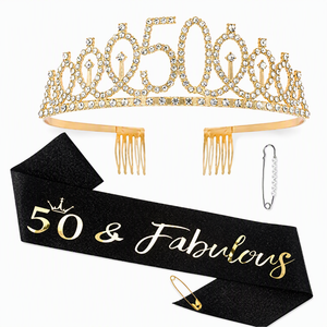 <b>Birthday</b> Tiara <b>Crown</b> <b>and</b> <b>Sash</b> Set 50th Milestone Party Decoration for Women Alloy Rhinestone Satin <b>Birthday</b> Gift - Product Image 1