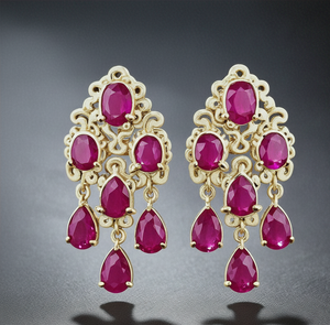 Boucles d'oreilles en pierre précieuse rubis |   Rubis de forme ovale 8x10 et de forme poire 7x10 |   Bijoux de créateur en argent sterling 925 plaqué or 18 carats |   Cadeau pour elle - Product Image 1