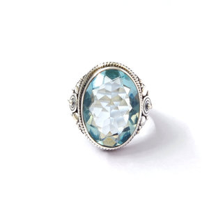 Blue <b>Quartz</b> Statement <b>Ring</b> (8.2 Grams) 24K Gold & Vermeil Plated Oval Cut Bezel Setting Platinum with Pear Shape Everyday Wear - Product Image 1