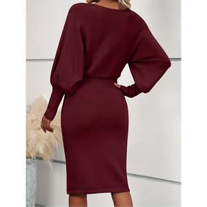 Ensemble robe pull mi-longue à manches lanternes, couleur unie, respirant, décontracté pour femmes, hiver - Product Image 4