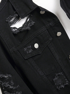 Veste en jean vintage unisexe de haute qualité, noire, manches longues, déchirée, effilochée, poche rabattable, écologique, coupe-vent, tendance printemps - Product Image 6