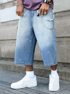 Của nam giới Rhinestone axit rửa denim jorts quá khổ thời trang dạo phố baggy phù hợp với hip hop đầu gối dài quần short mùa hè tùy chỉnh Bling thời trang - Product Image 6