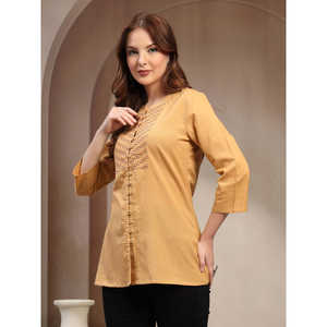 Blusa de Lino Beige para Mujer con Bordado Geométrico en el Pecho, Cuello Mao, Corte Regular - Product Image 2