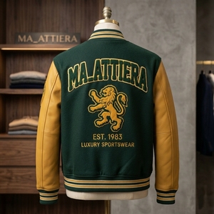 Veste pour homme MA_ATTIERA en cuir PU vert beige avec logo brodé, style preppy, fermeture éclair sur le devant, coupe classique, automne - Product Image 2