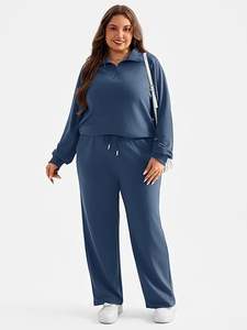 Ensemble survêtement pour femmes grande taille, 2 pièces, hiver, 100% coton, anti-boulochage, streetwear, col à revers, demi-zip, sweat-shirts, pantalon large - Product Image 6