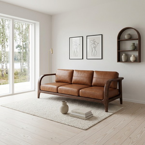 Brown Faux Leather Three Seat Sofa with Padded Arms Foam Filling Modern Design Solid <b>Oak</b> <b>Frame</b> for Living Room - Product Image 4