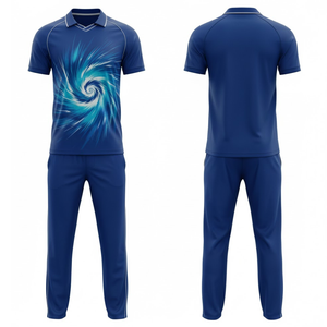 ชุดยูนิฟอร์มคริกเก็ตแบบสั่งทำสำหรับผู้ชาย พร้อมกางเกงขายส่ง สีน้ำเงินรอยัล ลายกราฟิกวนวนวนสีฟ้าอมเขียว - Product Image 3