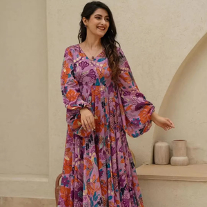 Diseñador de mujer Heavy Rayon Summer Festival Four-Sided Print Work Kurtis Set para ocasiones de fiesta - Product Image 1