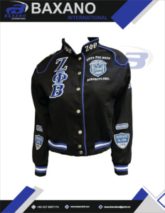 Veste bomber universitaire Zeta Phi Beta Sorority avec patchwork de lettres grecques, bleu noir, broderie premium, streetwear universitaire - Product Image 4