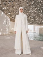 Ensemble 2 pièces en maille côtelée blanc nacré personnalisé ODM/OEM : Longue veste cardigan et pantalon large – Tenue modeste style Abou Dhabi – Vente en gros