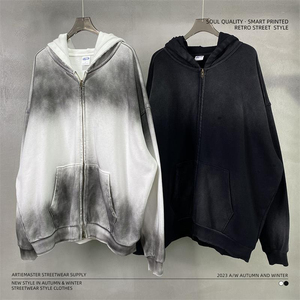 Haute qualité 100% coton français éponge régulier sweat à capuche zippé brodé Patch Vintage en détresse lavage à l'acide sweat à capuche à la mode - Product Image 1