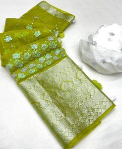 Bollywood hermoso Sari de seda de organza suave con borde elegante y blusa de trabajo completamente bordada ropa india y paquistaní - Product Image 6