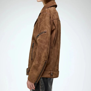 <b>Women's</b> <b>Brown</b> Suede Bomber <b>Jacket</b> Full Sleeve Stand Collar Zipper Closure Custom <b>Women</b> Real <b>Leather</b> <b>Jacket</b> Slim Fit Motorcycle - Product Image 5