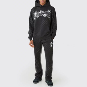 Ensemble de survêtement personnalisé all over Rhinestones lourd soleil délavé impression broderie surdimensionné noir pour hommes - Product Image 2