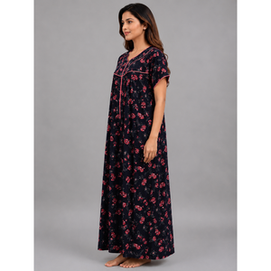Evolove Women's Classic Black Floral Print 100% Cotton <b>Long</b> Sleeve Nightgown Front Zipper Quick Dry Breathable 3XL Home Night - Product Image 3