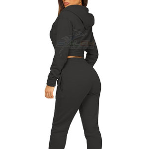 Conjunto Deportivo de Invierno con Capucha, Color Sólido, Estilo Corto, con Pantalones Jogger de Corte Regular para Descanso, Ejercicio y Uso Casual, Top Corto y Pantalones de Jogging - Product Image 3