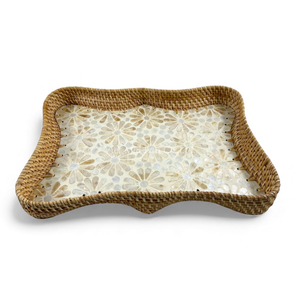 Bandeja de Ratán con Incrustaciones de Nácar, Hecha a Mano, Decorativa con Borde de Ratán para Servir Comida, Exhibición en Mesa y Decoración del Hogar - Product Image 1