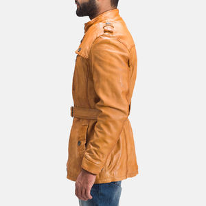 Chaqueta de invierno larga de cuero PU vintage informal de diseño personalizado OEM para hombre con cuello levantado para ciclismo de motor - Product Image 4