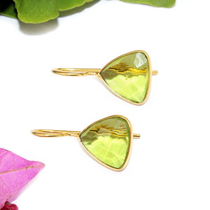 Beautiful Trendy Checker Cut <b>Peridot</b> Hydro Quartz Trillion Shape 24k <b>Gold</b> Plated Bezel <b>Earring</b> Brass Wholesale for Women Girls - Product Image 1