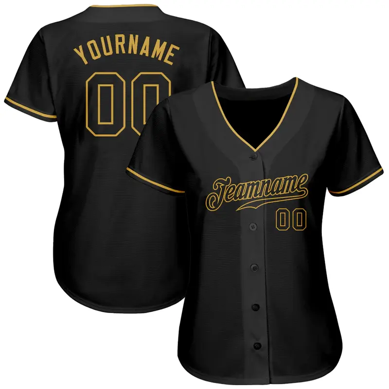 単色のカスタムステッチ昇華野球シャツは4x野球ジャージーブラックとゴールドを着用