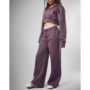 ชุดวอร์มโอเวอร์ไซส์สำหรับผู้หญิง ปี 2025 เสื้อฮู้ดครอปซิปเต็มตัว กางเกงขายาวทรงบาน แต่งลายปักแบบดิสเทรส สีพื้น ลุคซักฟอก สไตล์จ็อกกิ้ง - Product Image 3