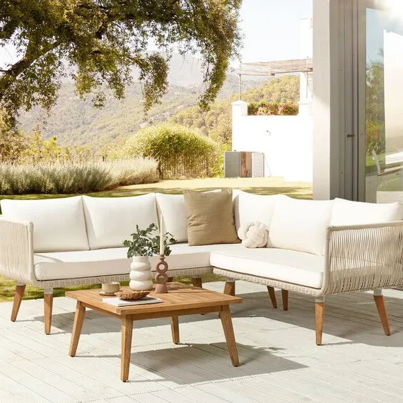 Stefany Garten Sofa garnitur aus Teakholz und gewebtem Seil mit Kissen und beige Finish. (5 Sitze 1 quadratischer Tisch)