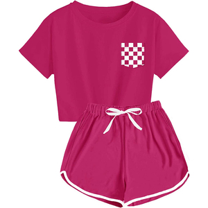 Conjuntos de motorista para niñas, camiseta y pantalón corto de alta calidad con logotipo de punto personalizado, elástico, cómodo, de algodón suave - Product Image 3