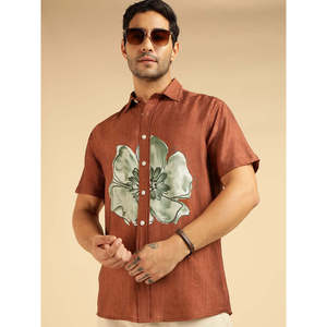 Amanush Men's Nylon <b>Tan</b> <b>Brown</b> Short Sleeve Placement Floral Printed Casual Shirt With Turn-down Collar Breathable Fabric Shirts - Product Image 1