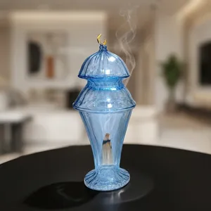 Brûleur d'encens en verre coloré de luxe avec couvercle décoratif à crochet, encensoir en verre de style arabe pour Bakhoor, encens - Product Image 1
