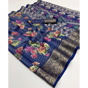 สารีไหมโดลาบริสุทธิ์พิมพ์ลายดอกไม้ในเฉดสีพาสเทล dola Silk สารีสีม่วงพร้อมการตกแต่ง zari หนัก - Product Image 3
