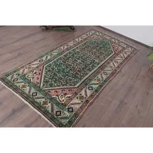 Tapis turc vintage 3,6x6,9 pieds, tapis en laine à carreaux vert et rouge - Product Image 2
