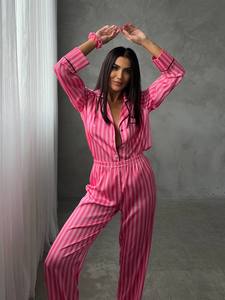 Conjunto de pijama de satén de primavera transpirable térmico suave sólido para mujer, camisa y pantalones de manga larga abotonados, ropa de dormir, ropa de dormir - Product Image 4
