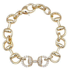 1382BG Best Seller - Luxury Women Inspired Real 14K Gold Plated Cable Link Chain <strong>horse</strong> bit <strong>Bracelet</strong> With CZ Pave - Product Image 1