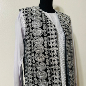 Chaleco cultural tradicional Banjara afgano negro plata bordado cintura abrigo tela de lona conjunto de 2 piezas - Product Image 2