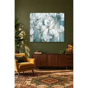 Impression sur toile de branches de magnolia blanches sur fond bleu gris Fida - Product Image 3
