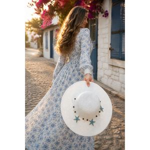 Hand Embroidered White <b>Floppy</b> Straw <b>Hat</b> Starfish Detail Wide Brim Flat Rim Design for Summer Parties Customizable Logo Toquilla - Product Image 1