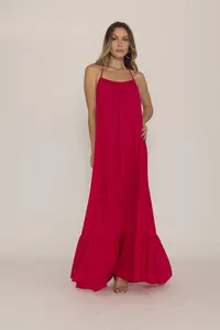 Attrayant vacances plage rouge sans manches vêtements femmes Boho col rond plaine dos nu longue Boho longue Maxi robe - Product Image 4