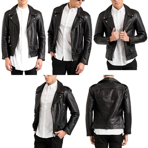 แจ็กเก็ตหนังแท้สีดำสำหรับผู้ชาย, แจ็กเก็ตมอเตอร์ไซค์สไตล์นักขี่จักรยานหนังแท้ - Product Image 3