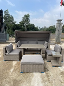 Modern Outdoor <b>Rattan</b> <b>Sofa</b> Set With Canopy Waterproof Cushion Garden Furniture Contemporary Design Gray Color - Product Image 3