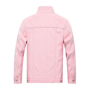 Men's Pink <b>Denim</b> <b>Jacket</b> Stand Collar Ripped Washed Casual Spring Style Regular Fit Single Breasted Frayed Details OEM Service - Product Image 2