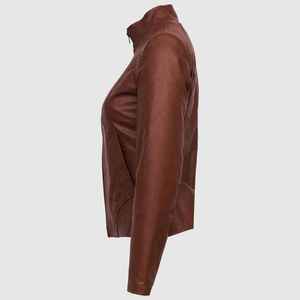 Chaqueta de motorista de cuero genuino de imitación Vintage para mujer, informal, de Color sólido con detalle de cremallera, forro ligero tejido de viscosa 100% - Product Image 4