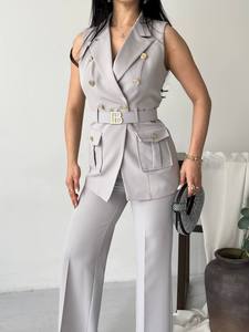 Elegant Women's Sleeveless <b>Blazer</b> Vest With Wide Leg Trousers <b>Set</b> Solid Gray V-Neck Button Front Satin Suit Regular Fit Wear - Product Image 6