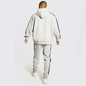 Ensemble jogging à capuche avec bande latérale pour homme, streetwear, deux pièces, tenue décontractée grise, coupe ample, vêtements de détente, survêtement 100% coton - Product Image 6