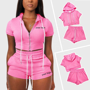 Conjunto Deportivo de Dos Piezas para Mujer, Sudadera con Capucha Transpirable, Top Corto, Pantalones Cortos de Cintura Alta, Cierre de Cremallera, Informal, para Verano, Ejercicio, Fitness, Ropa Deportiva - Product Image 6
