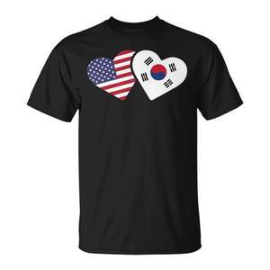 Camiseta con Diseño de Corazón con la Bandera de Corea del Sur y Estados Unidos, Negra, Unisex, Cuello Redondo, Impresión Digital, Ropa Promocional - Product Image 1